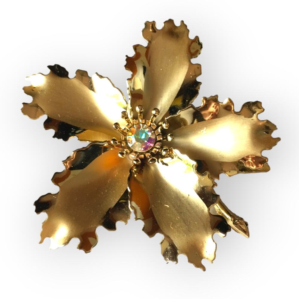 Gold tone flower statement brooch, pin - AB aurora borealis center rhinestone
